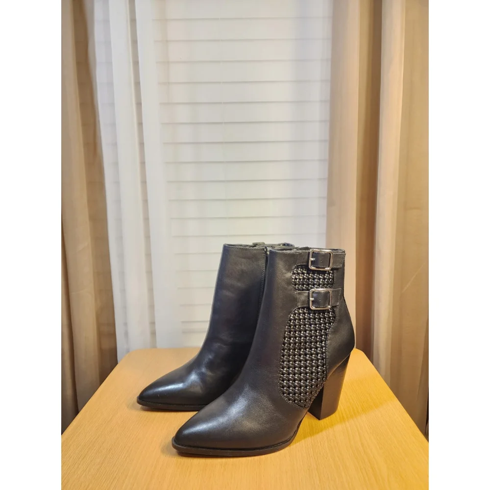 Steve Madden LEATHER Modern Buckle Weaved Western Boots Bootie SZ 10 M BLACK